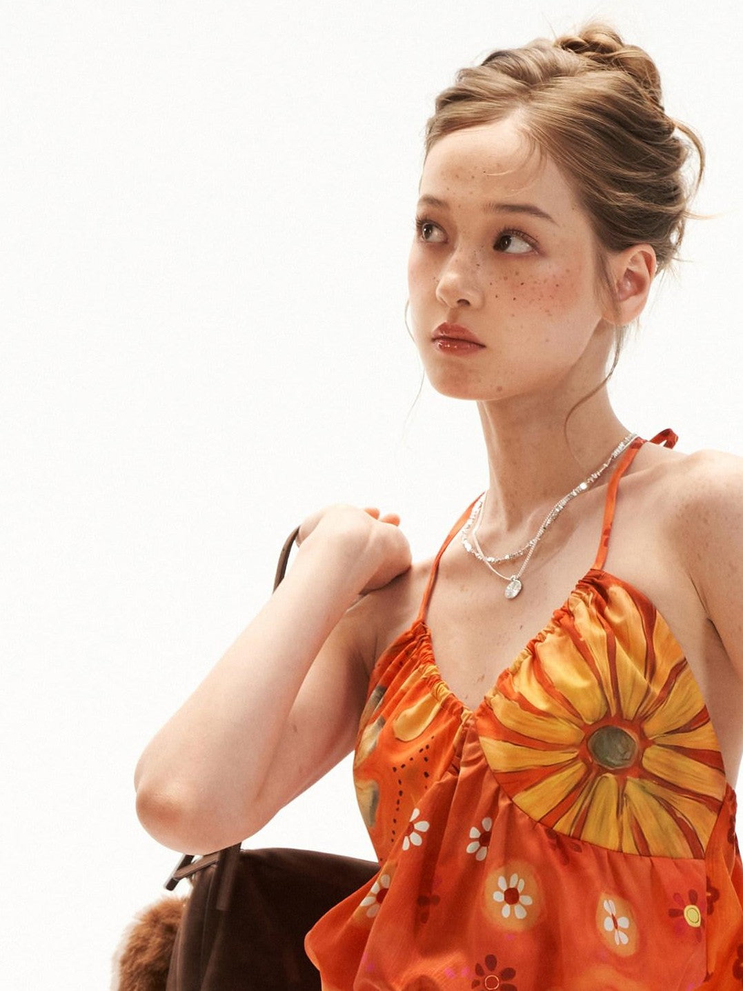 mamc Warm Orange Floral Drawstring Backless V-neck Women's Polyester Halter Tops
