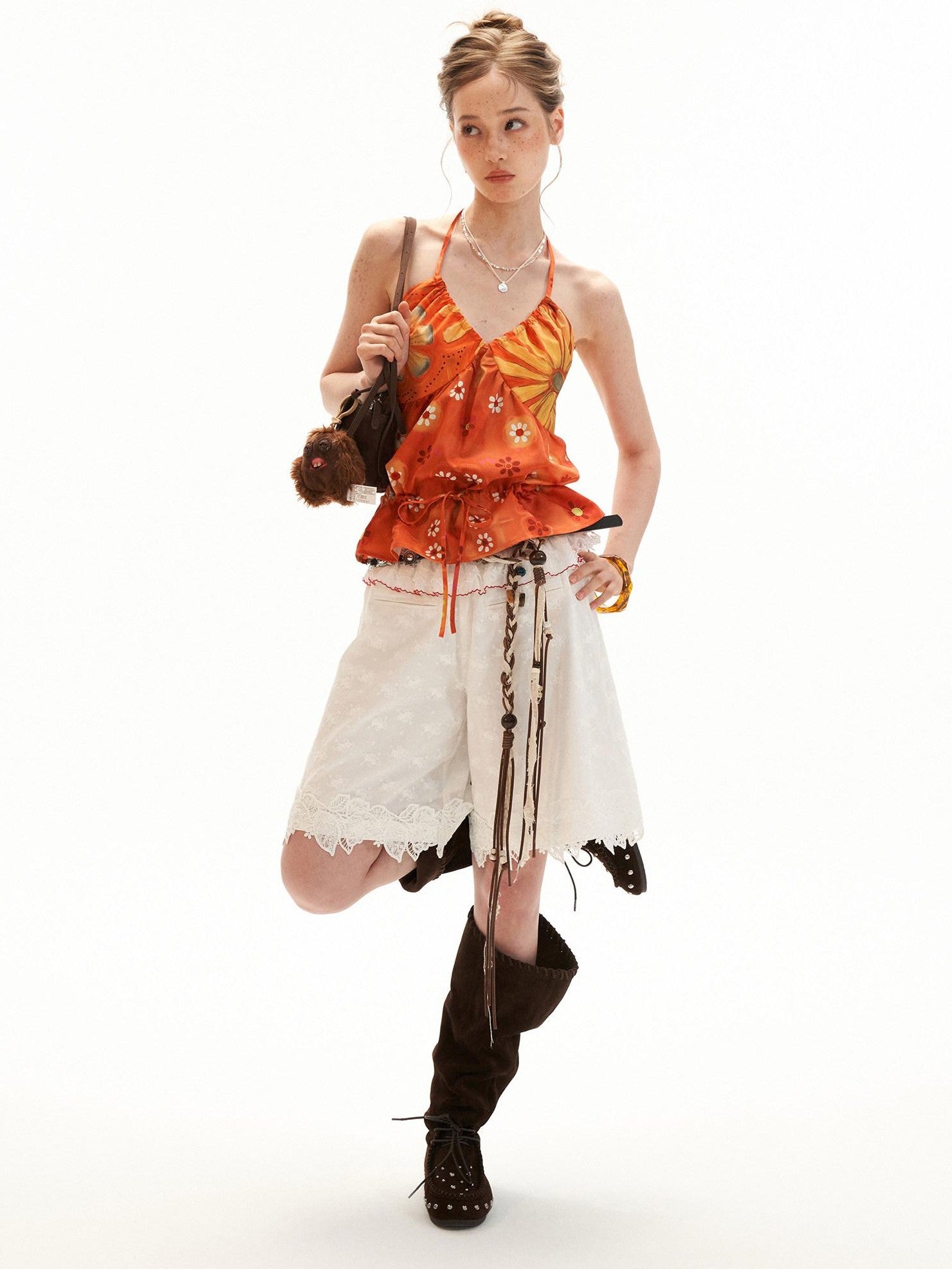 mamc Warm Orange Floral Drawstring Backless V-neck Women's Polyester Halter Tops
