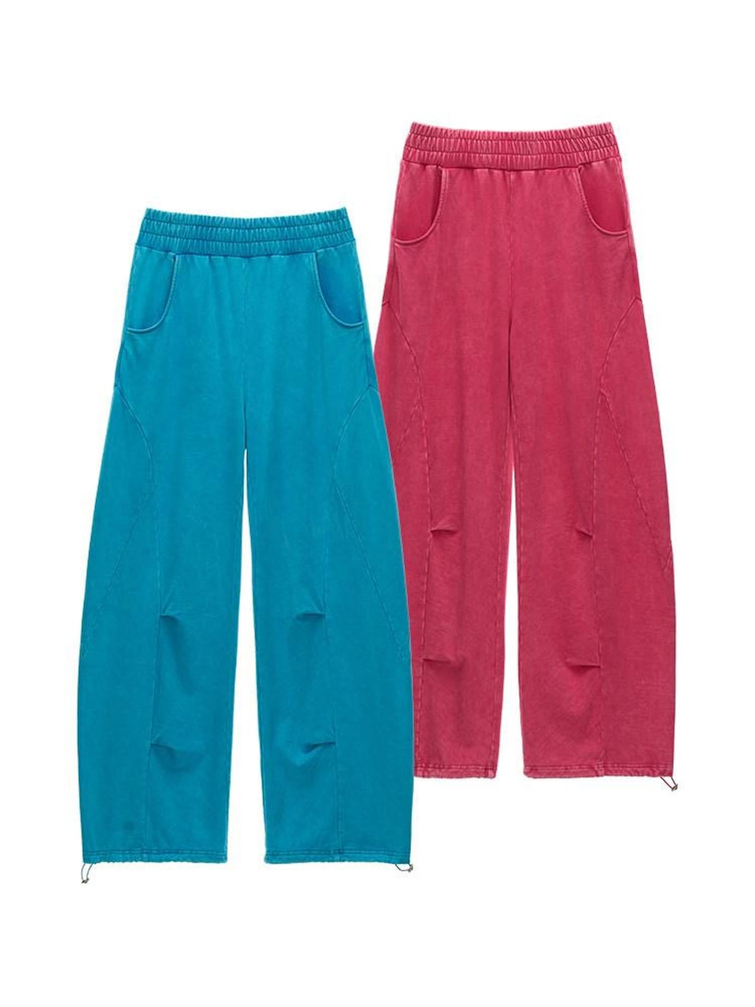 mamc Washed Color Elastic Waist Relaxed Straight Cut Women's Cotton Wide-leg Pants