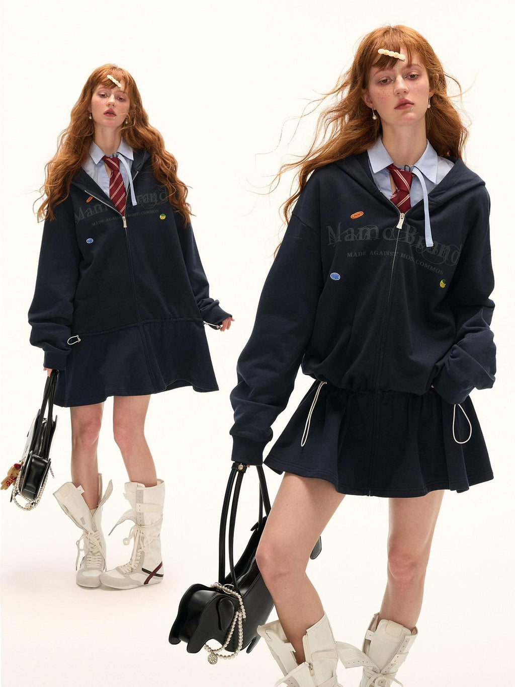 mamc Washed Distressed Hooded Zip Logo Long Sleeve Women's Cotton Casual Mini Dresses