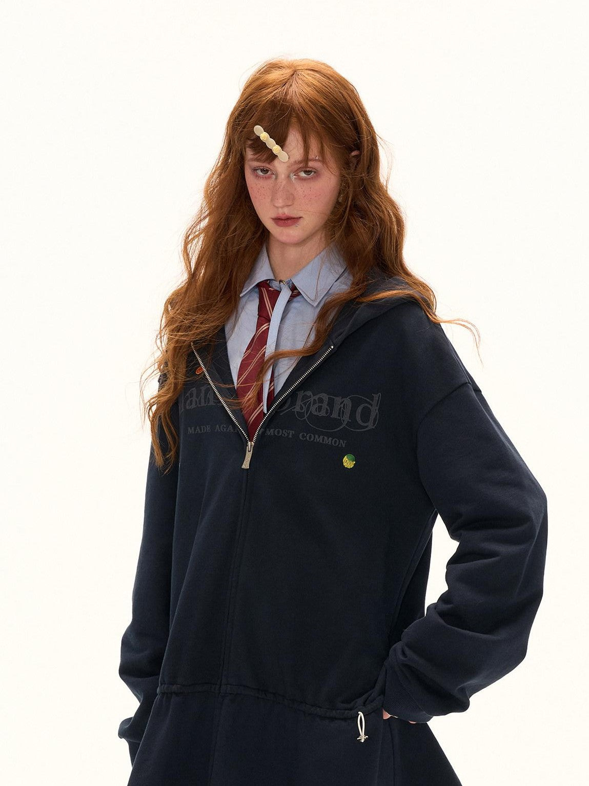 mamc Washed Distressed Hooded Zip Logo Long Sleeve Women's Cotton Casual Mini Dresses
