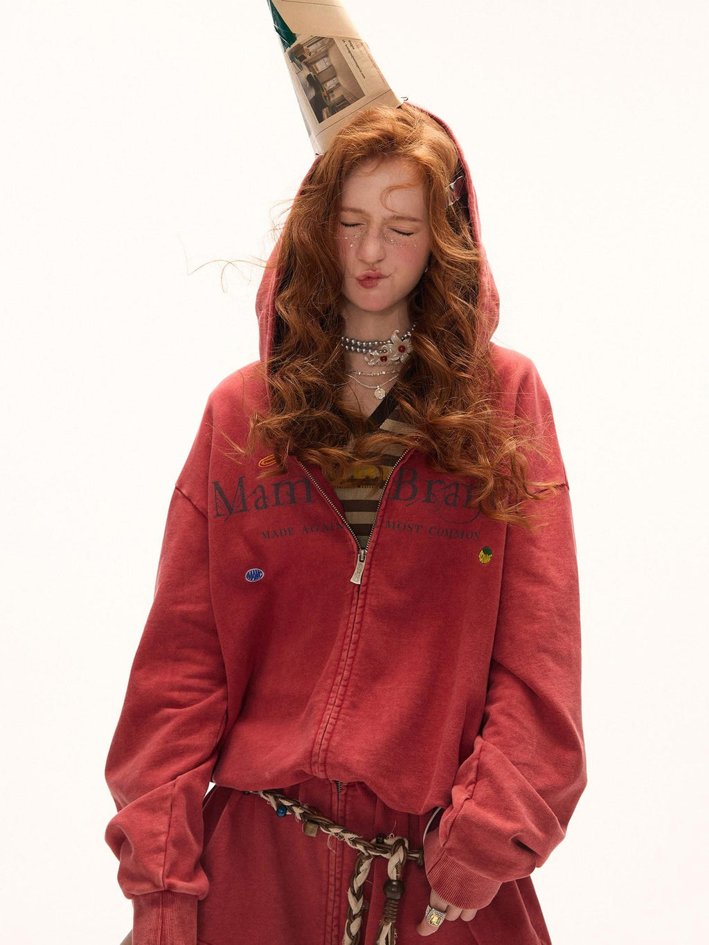 mamc Washed Distressed Hooded Zip Logo Long Sleeve Women's Cotton Casual Mini Dresses