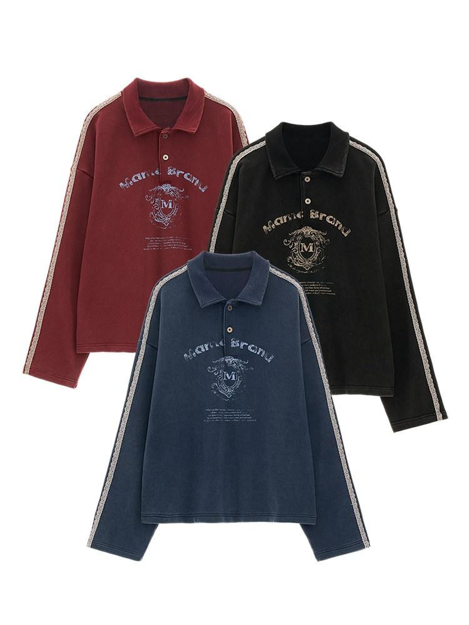 mamc Washed Lace Polo Collar Letter Print Women's Cotton Blend Long Sleeve T-shirts