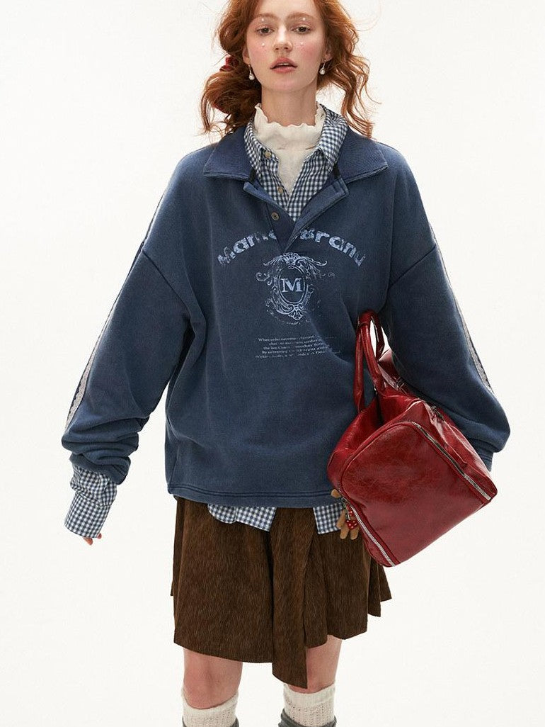 mamc Washed Lace Polo Collar Letter Print Women's Cotton Blend Long Sleeve T-shirts