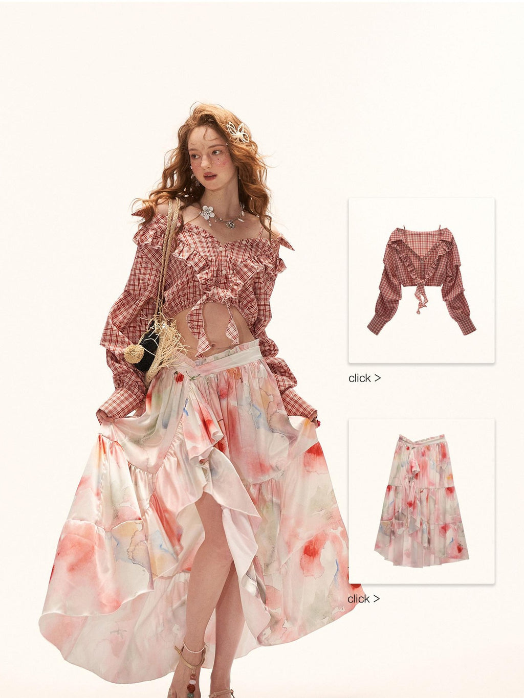 mamc Watercolor Fruit Ruffled Puff Sleeve Women's Polyester Blend Matching Skirt Sets