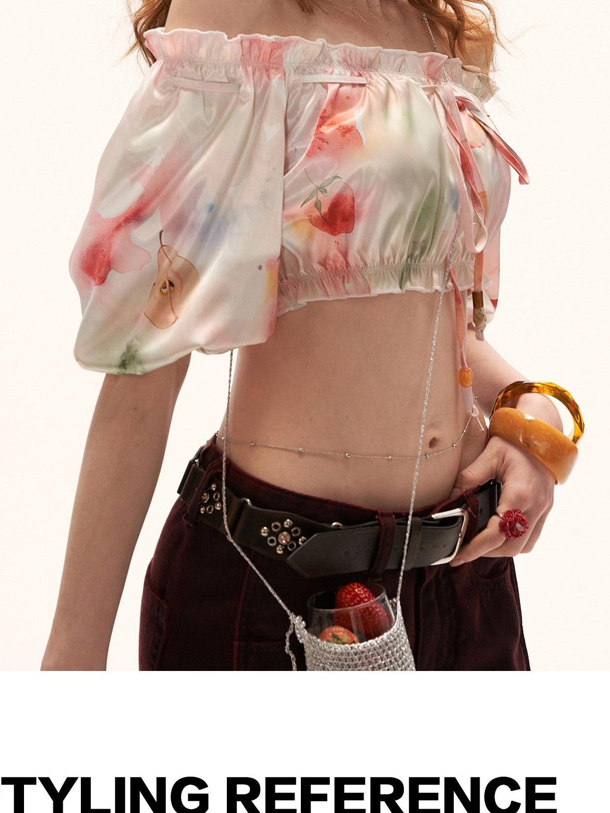 mamc Watercolor Fruit Ruffled Puff Sleeve Women's Polyester Blend Matching Skirt Sets