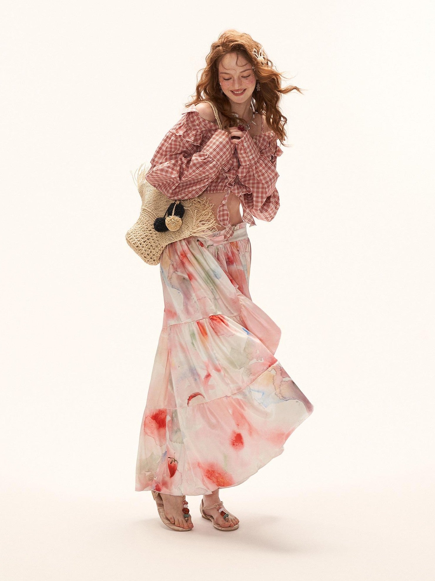 mamc Watercolor Fruit Ruffled Puff Sleeve Women's Polyester Blend Matching Skirt Sets