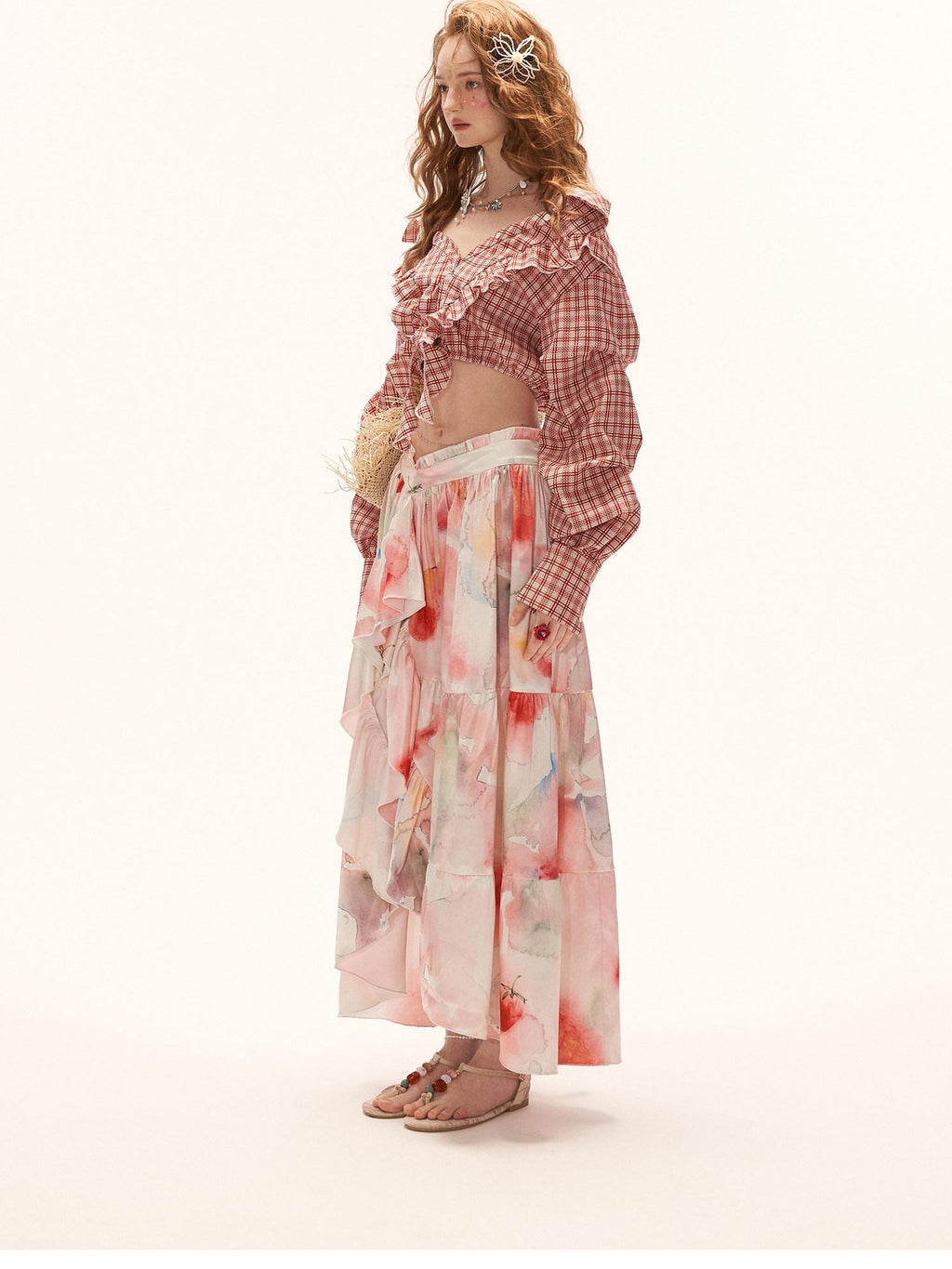 mamc Watercolor Fruit Ruffled Puff Sleeve Women's Polyester Blend Matching Skirt Sets