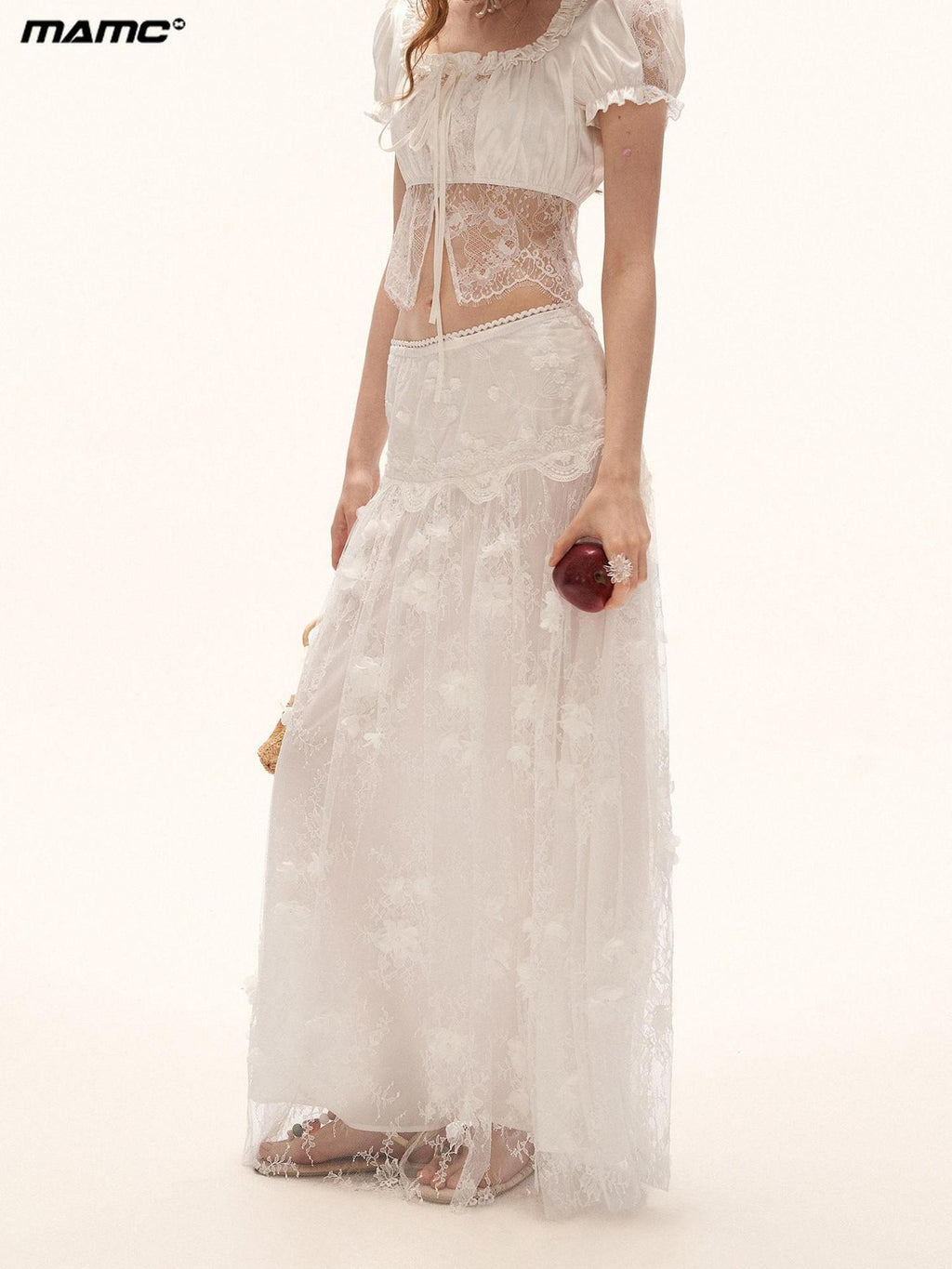 mamc White 3d Floral Applique Aline Long Women's Cotton Tulle Skirts