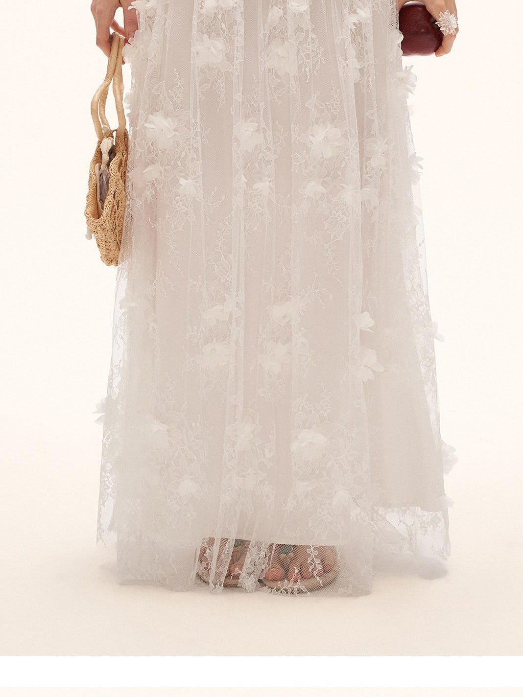 mamc White 3d Floral Applique Aline Long Women's Cotton Tulle Skirts