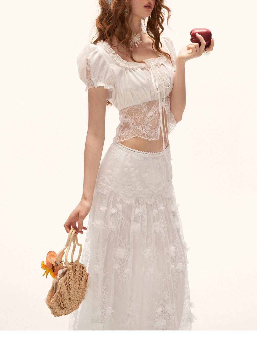 mamc White 3d Floral Applique Aline Long Women's Cotton Tulle Skirts