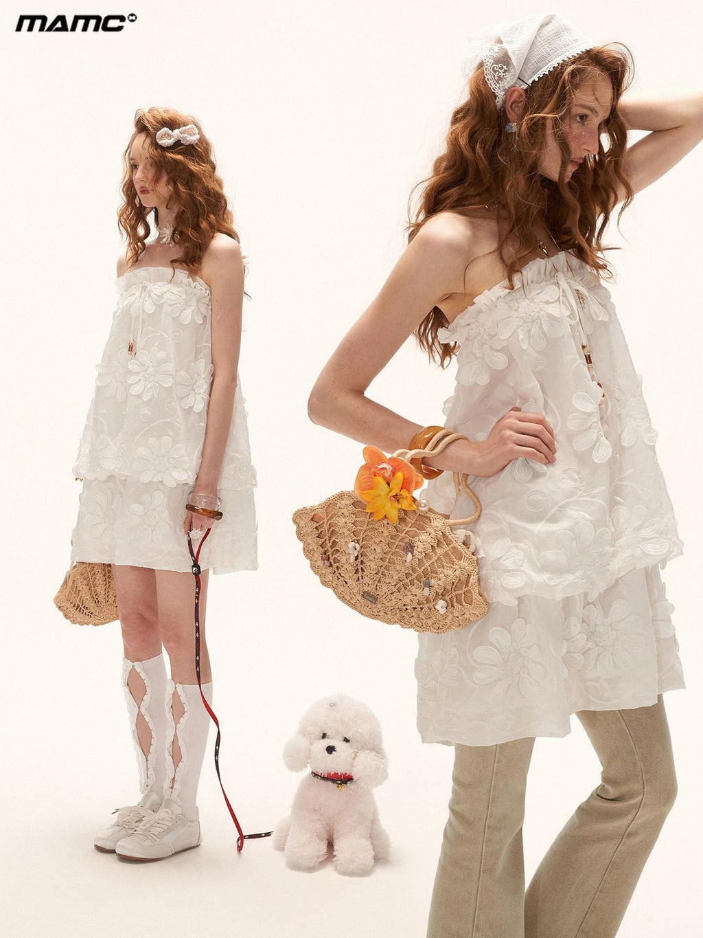 mamc White 3d Floral Strapless Women's Tencel Blend Tube Mini Dresses