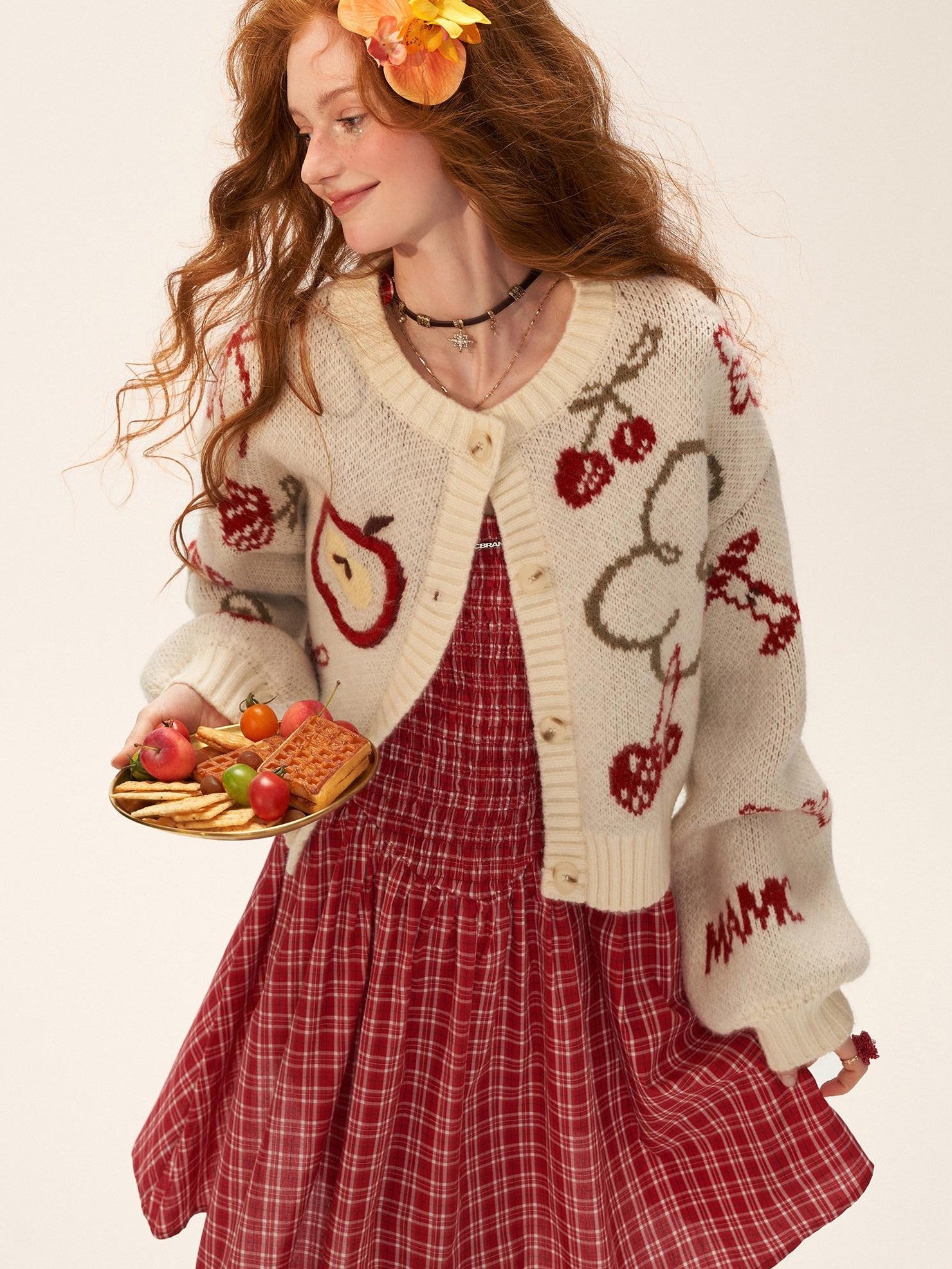 mamc White Apple Cherry Fruit Loose Round Neck Buttoned Women's Acrylic Cardigans