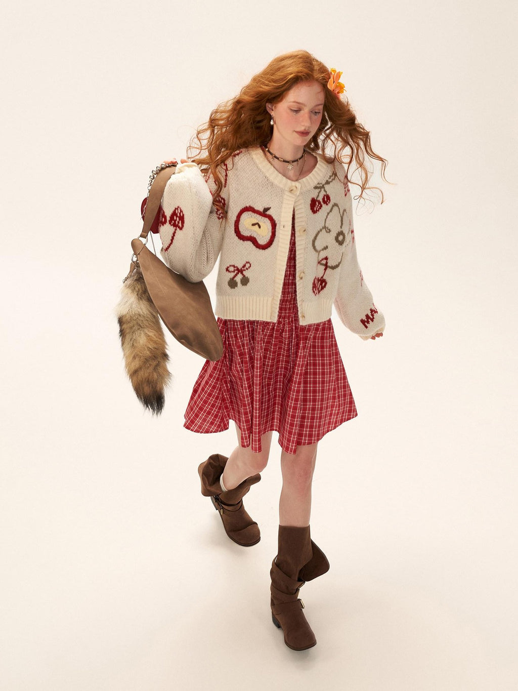 mamc White Apple Cherry Fruit Loose Round Neck Buttoned Women's Acrylic Cardigans
