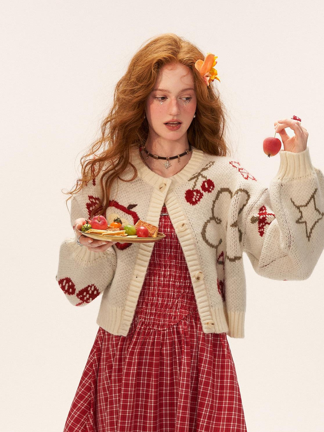 mamc White Apple Cherry Fruit Loose Round Neck Buttoned Women's Acrylic Cardigans