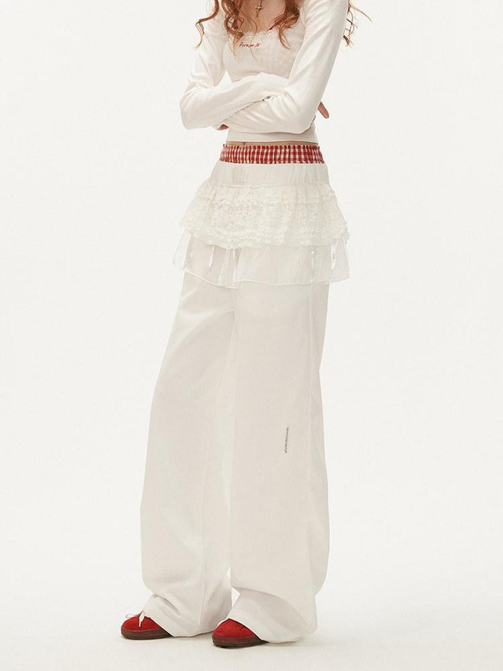 mamc White Ballet Layered Faux Two Piece Women's Polyester Wide-leg Pants