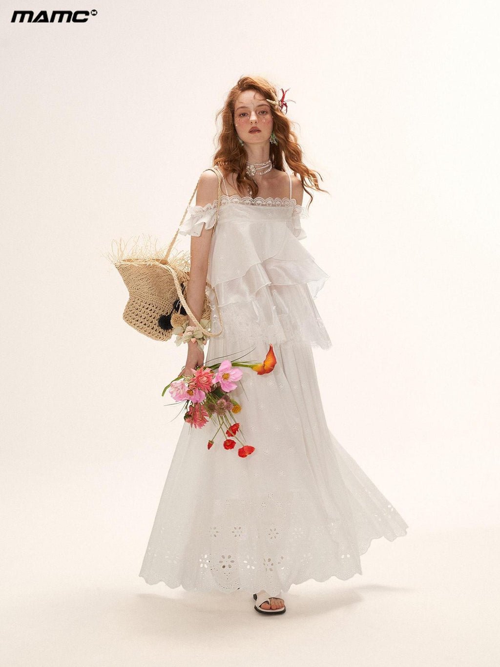 mamc White Eyelet Lace Ruffle Strappy French Women's Cotton Matching Skirt Sets