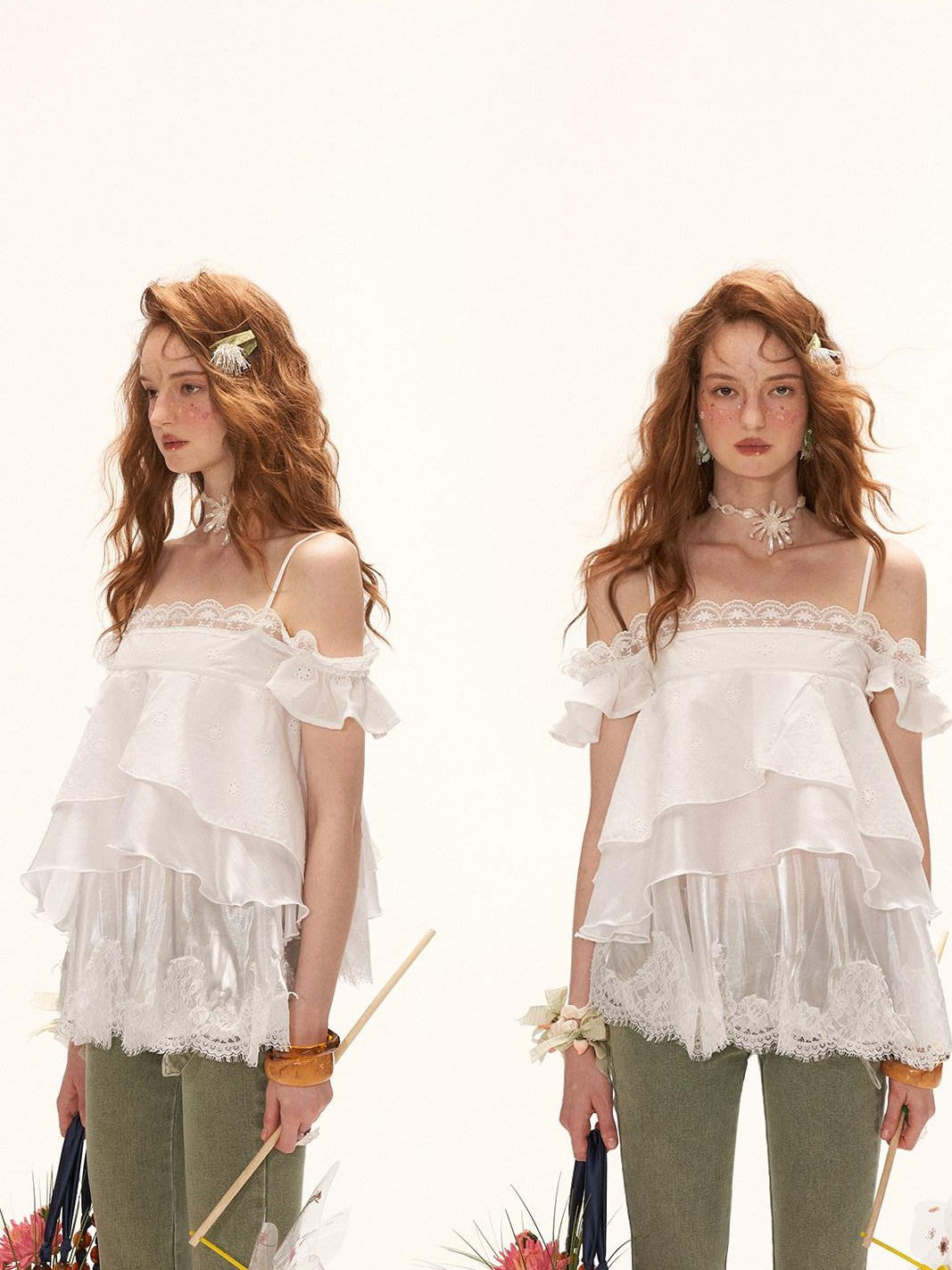 mamc White Eyelet Lace Ruffle Strappy French Women's Cotton Matching Skirt Sets
