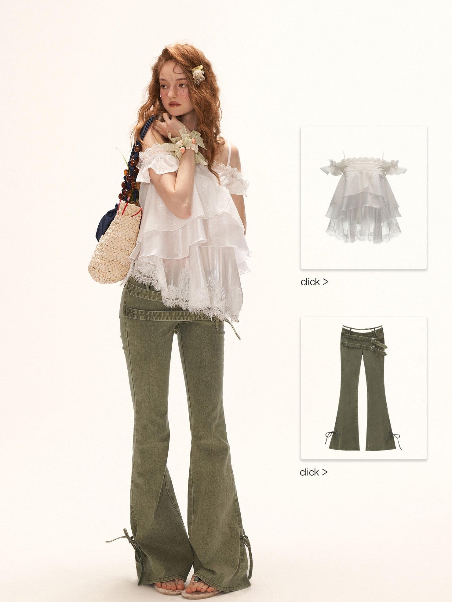 mamc White Eyelet Lace Ruffle Strappy French Women's Cotton Matching Skirt Sets