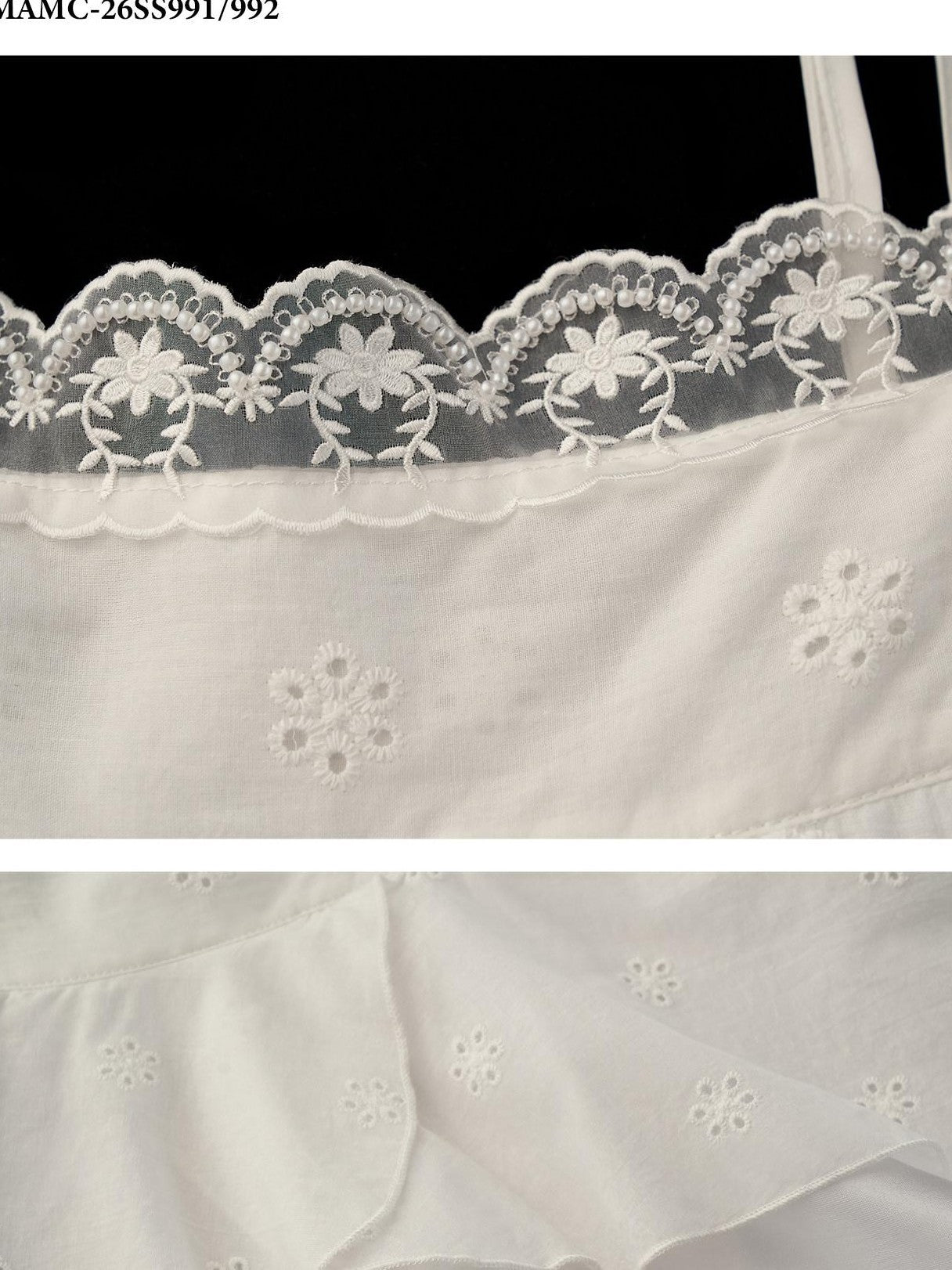 mamc White Eyelet Lace Ruffle Strappy French Women's Cotton Matching Skirt Sets