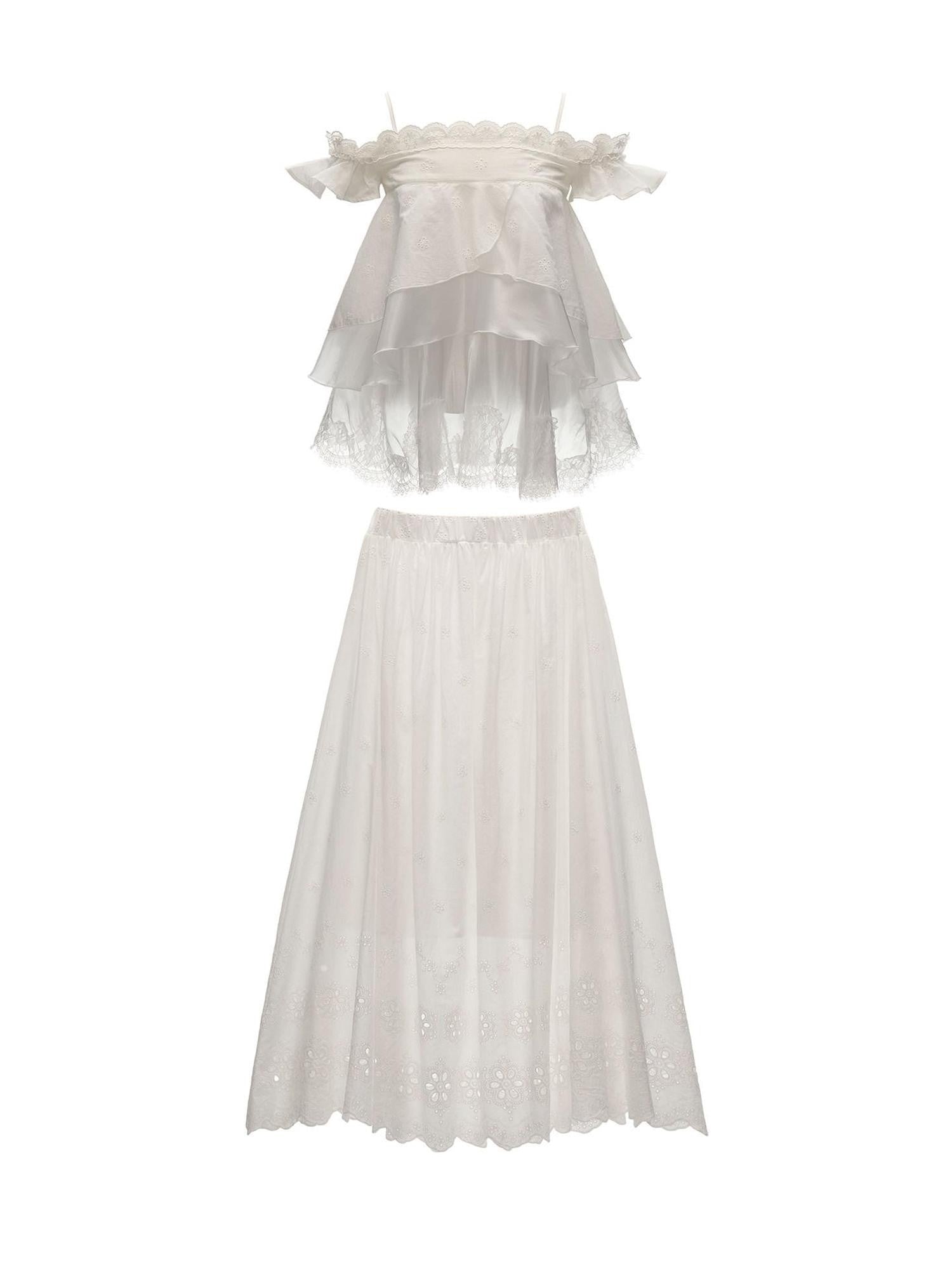 mamc White Eyelet Lace Ruffle Strappy French Women's Cotton Matching Skirt Sets