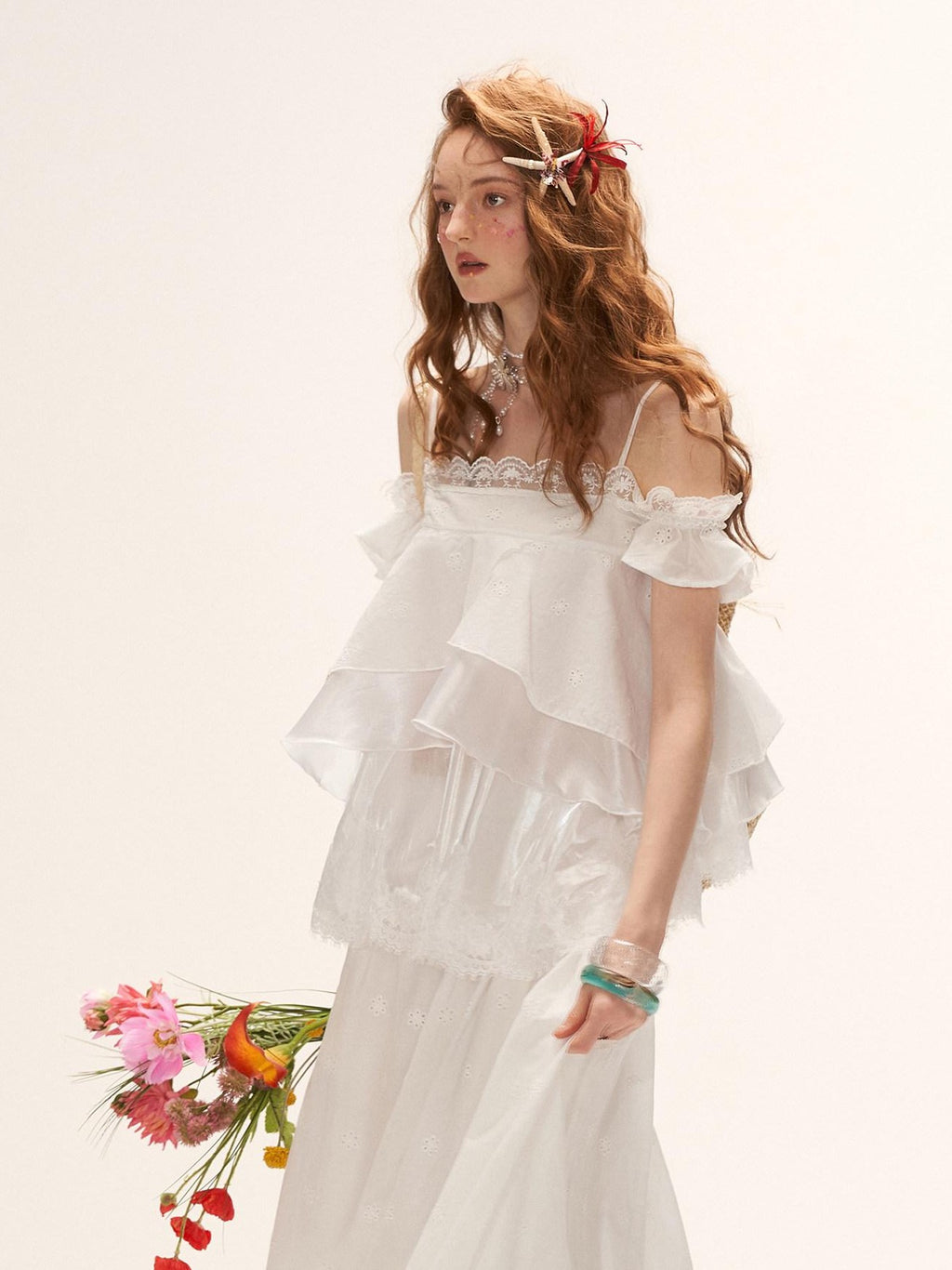 mamc White Eyelet Lace Ruffle Strappy French Women's Cotton Matching Skirt Sets