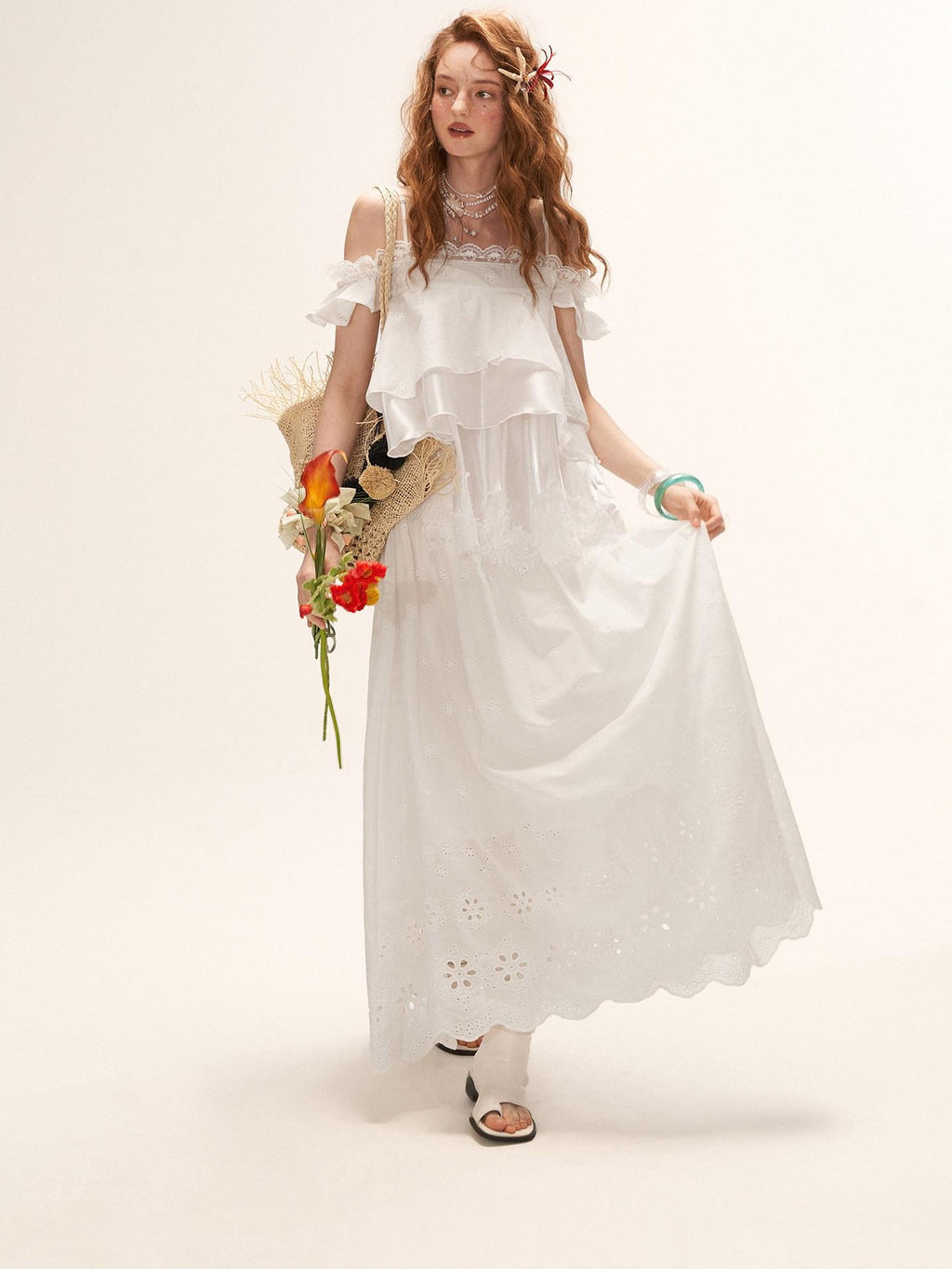 mamc White Eyelet Lace Ruffle Strappy French Women's Cotton Matching Skirt Sets
