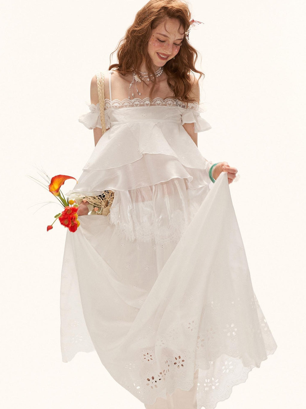 mamc White Eyelet Lace Ruffle Strappy French Women's Cotton Matching Skirt Sets