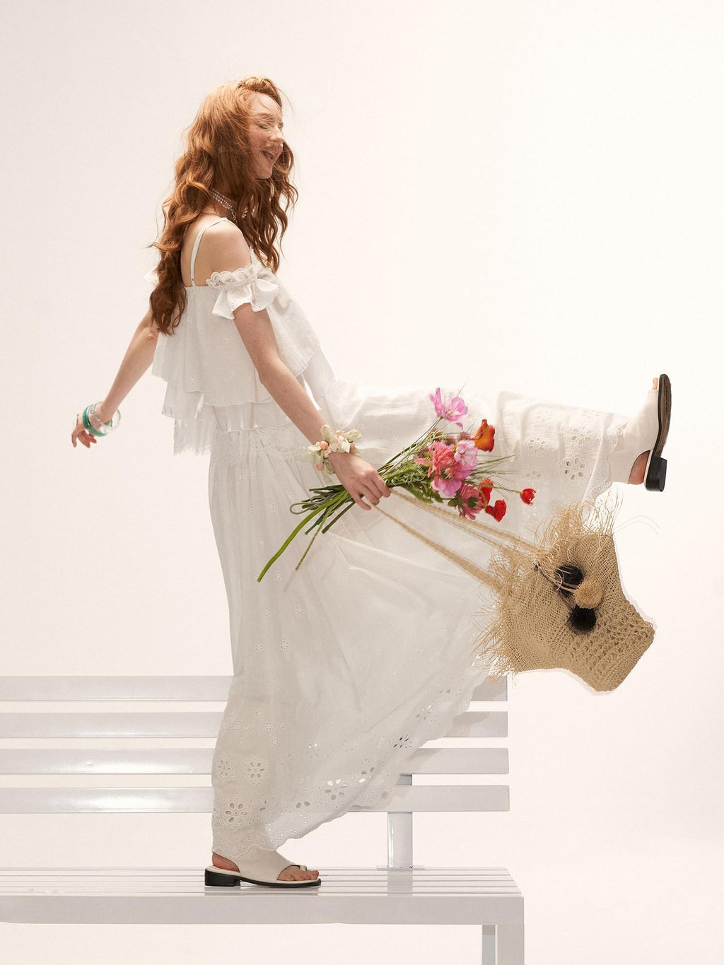 mamc White Eyelet Lace Ruffle Strappy French Women's Cotton Matching Skirt Sets