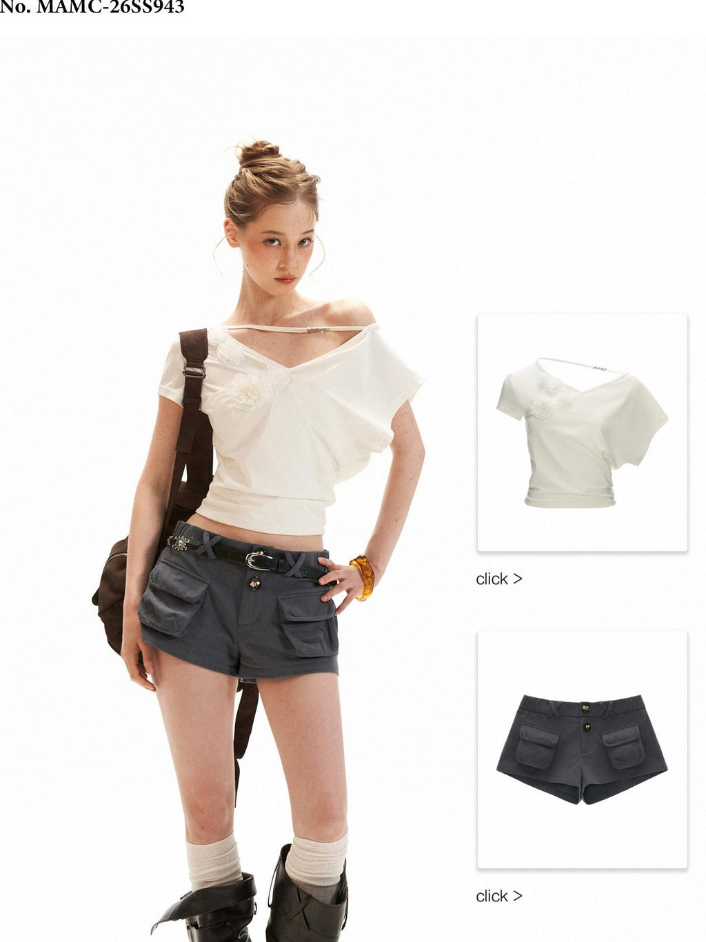 mamc White Floral Irregular Cinched Waist V-neck Women's Cotton Off-shoulder T-shirts