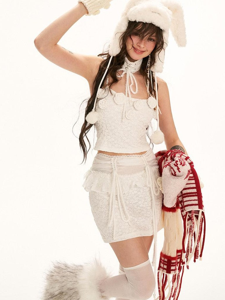 mamc White Floral Lace Slim Fit Women's Polyester Blend Lace Camisoles