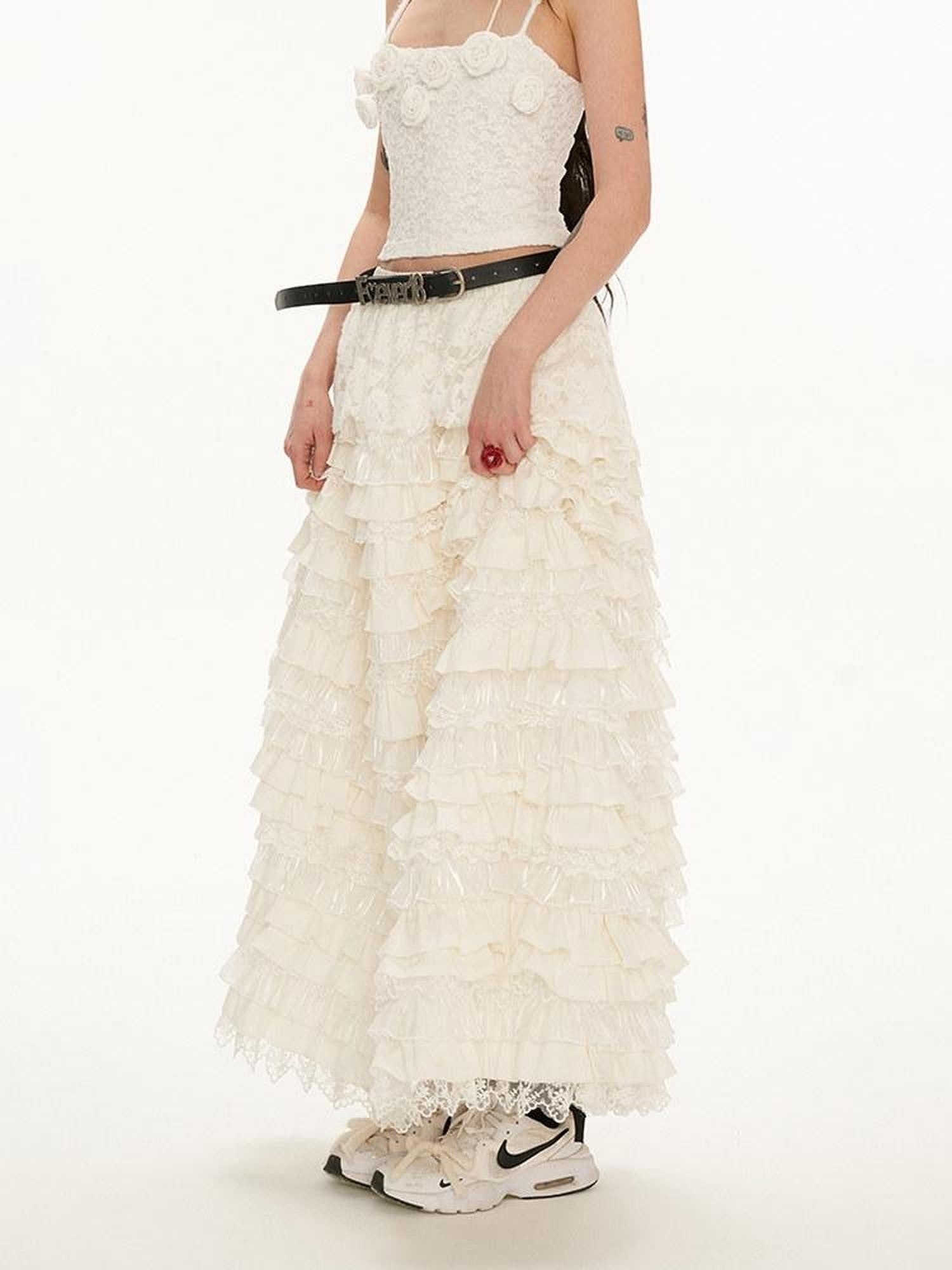 mamc White Lace Ruffled Tiered Mid Waist Women's Cotton Spandex Blend Maxi Skirts