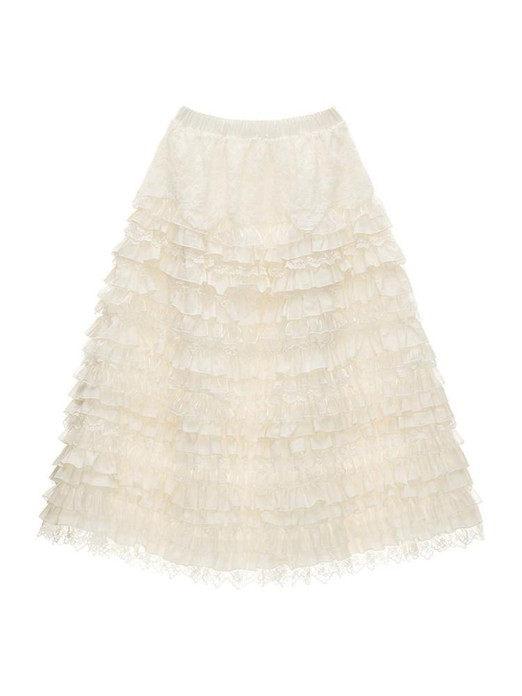 mamc White Lace Ruffled Tiered Mid Waist Women's Cotton Spandex Blend Maxi Skirts