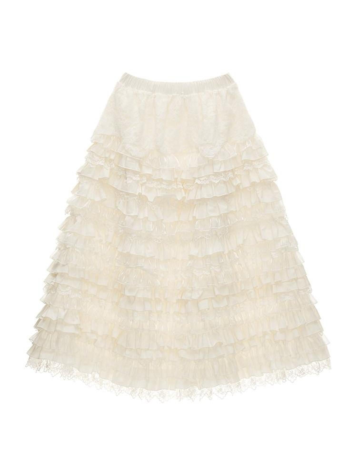 mamc White Lace Ruffled Tiered Mid Waist Women's Cotton Spandex Blend Maxi Skirts