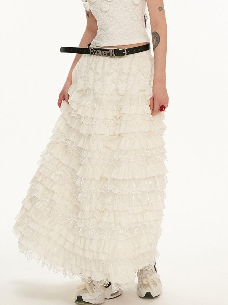 mamc White Lace Ruffled Tiered Mid Waist Women's Cotton Spandex Blend Maxi Skirts