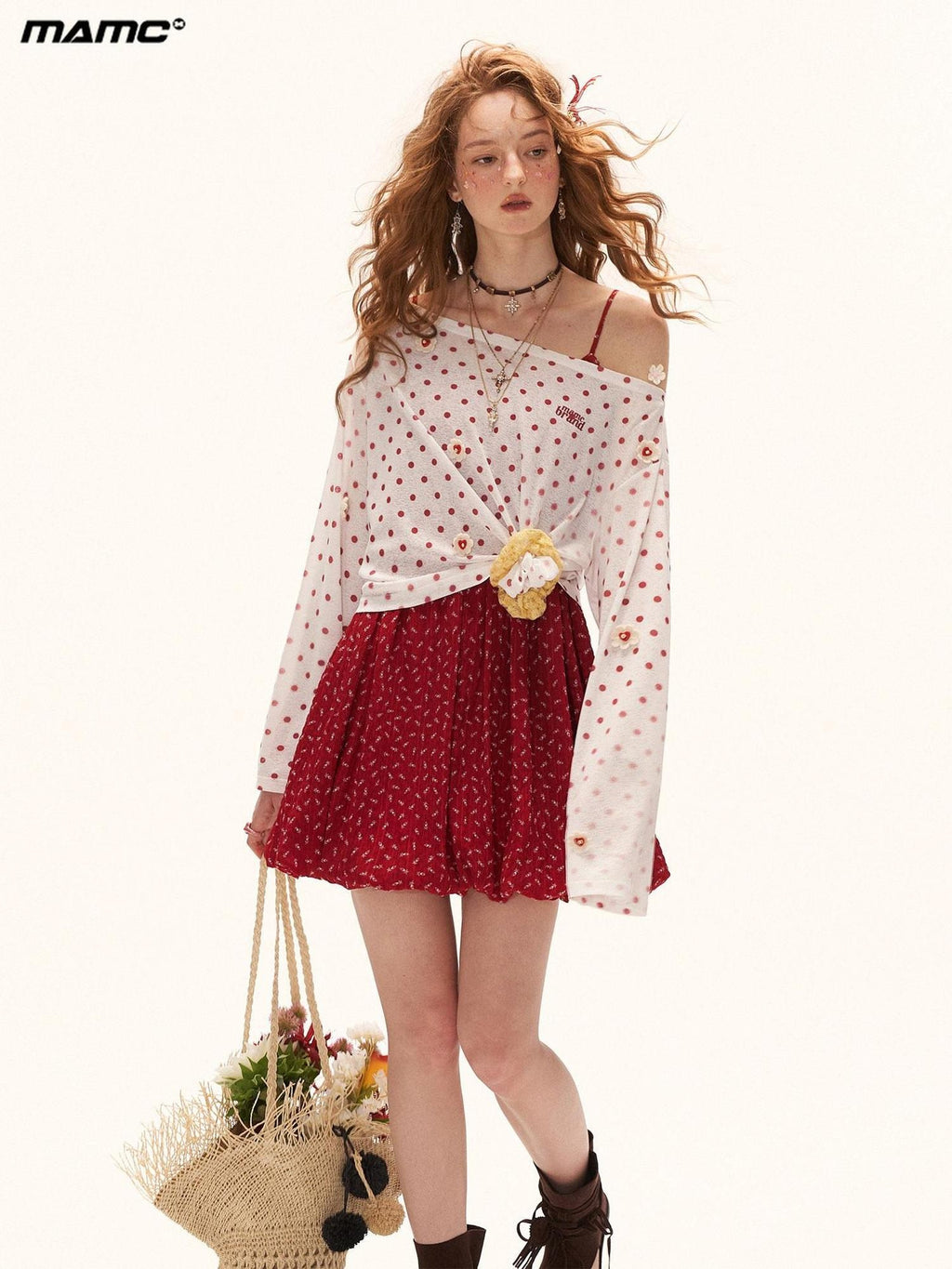 mamc White Polka Dot Floral Button Boat Neck Women's Polyester Long Sleeve T-shirts