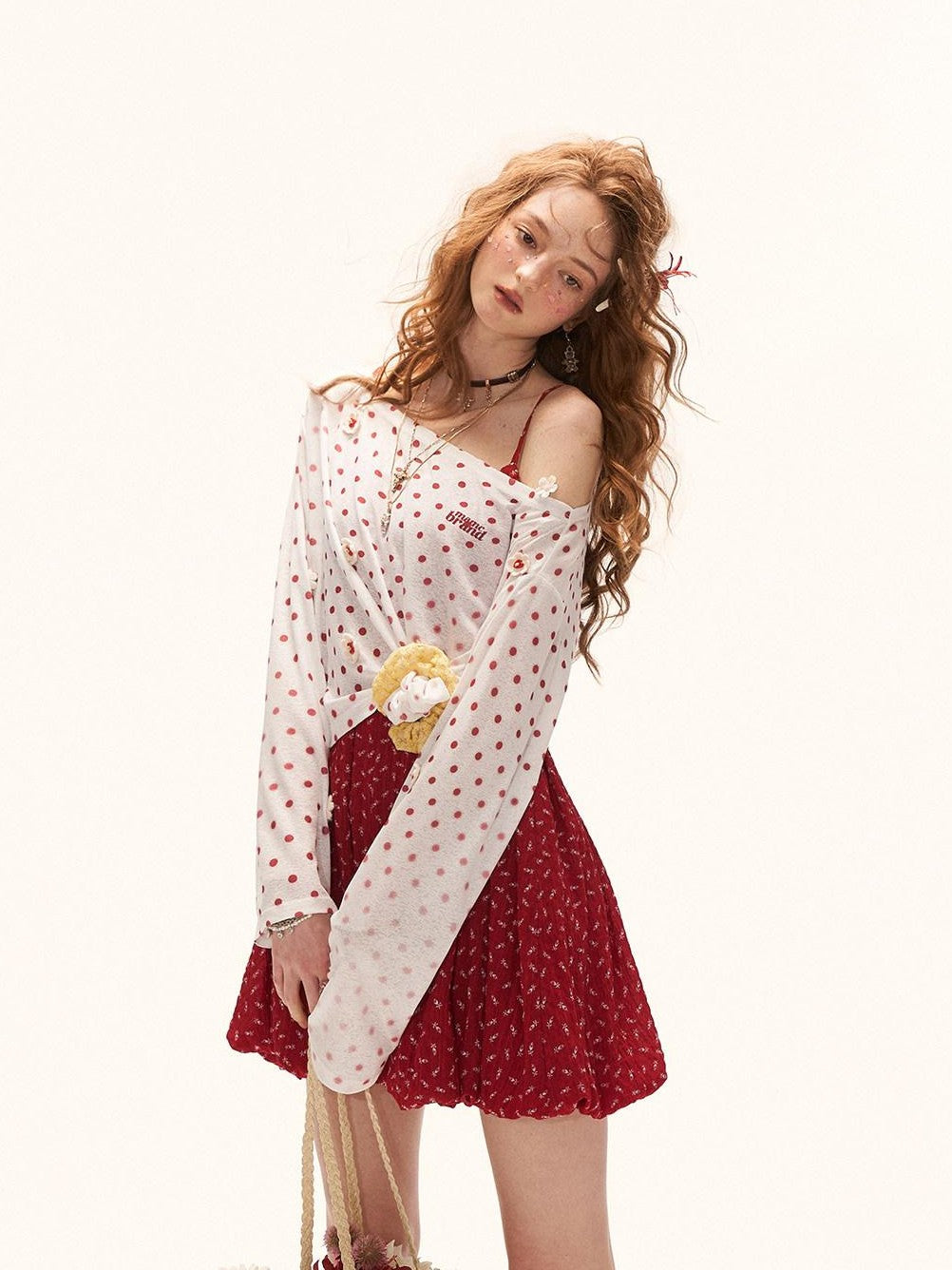mamc White Polka Dot Floral Button Boat Neck Women's Polyester Long Sleeve T-shirts