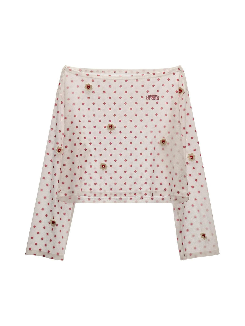 mamc White Polka Dot Floral Button Boat Neck Women's Polyester Long Sleeve T-shirts