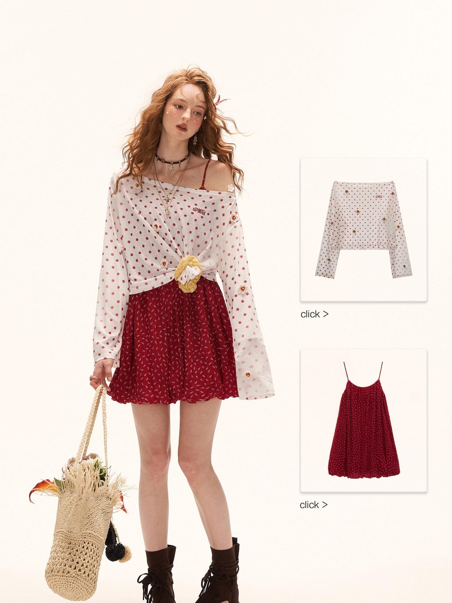 mamc White Polka Dot Floral Button Boat Neck Women's Polyester Long Sleeve T-shirts