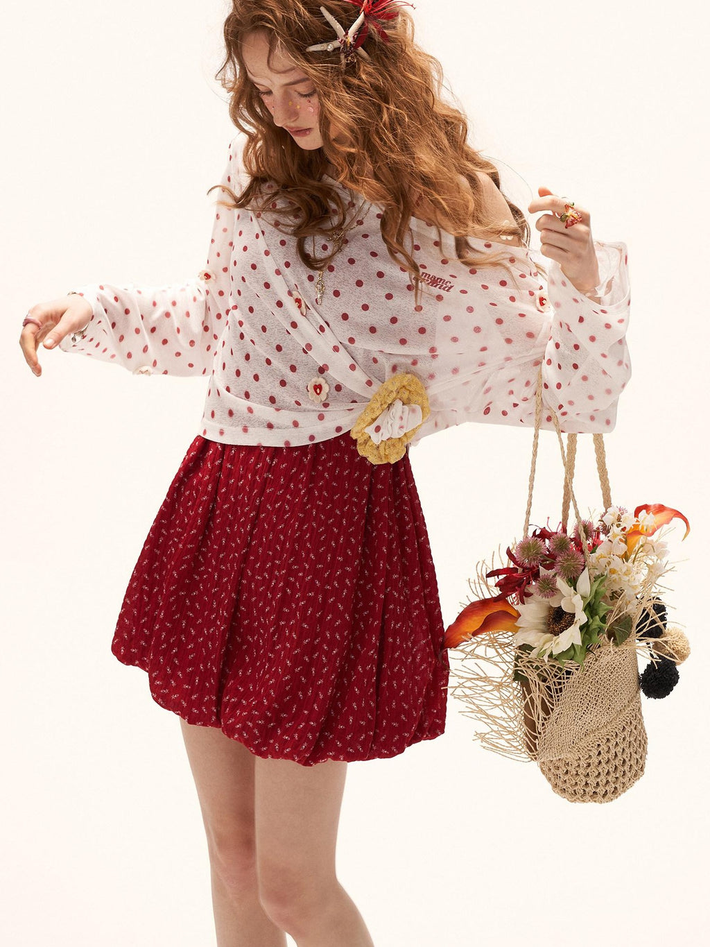 mamc White Polka Dot Floral Button Boat Neck Women's Polyester Long Sleeve T-shirts