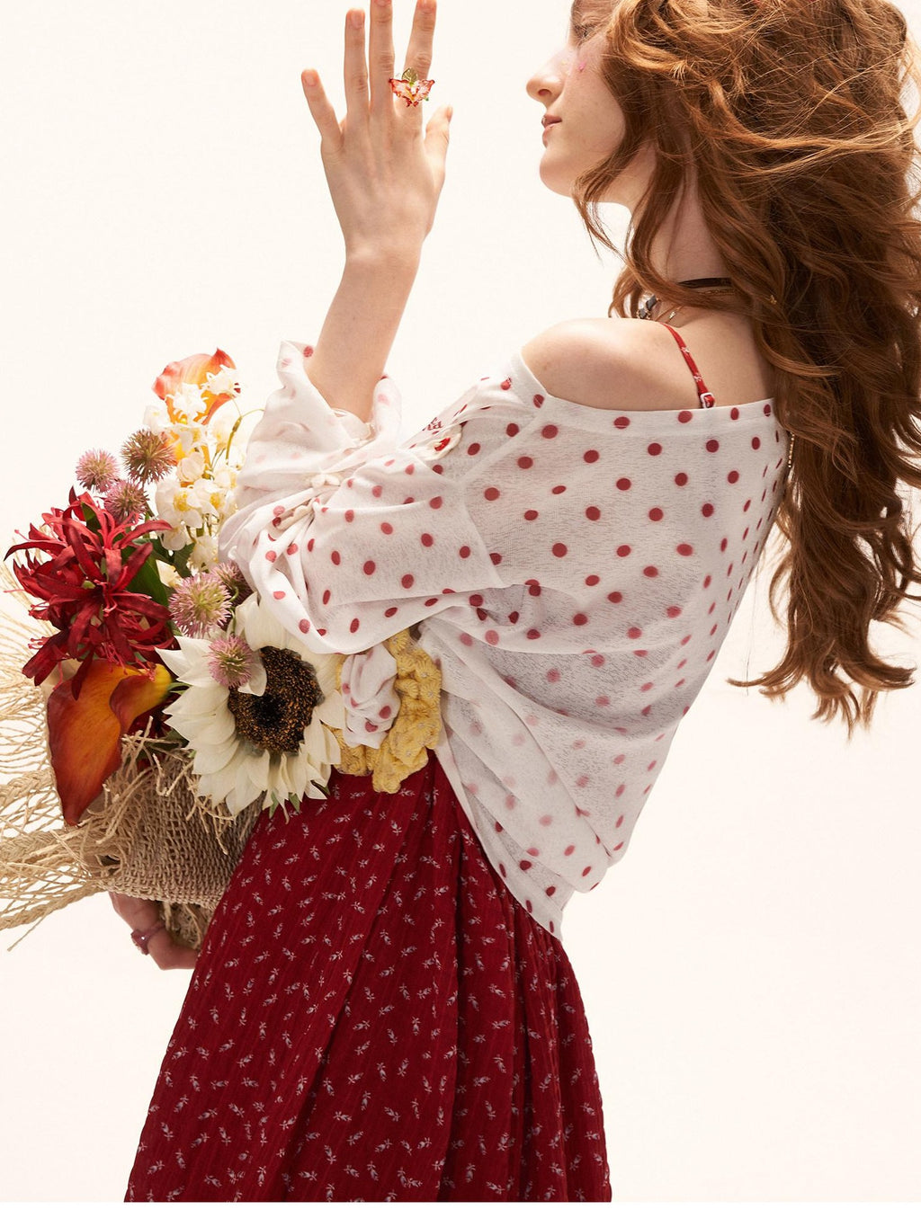 mamc White Polka Dot Floral Button Boat Neck Women's Polyester Long Sleeve T-shirts
