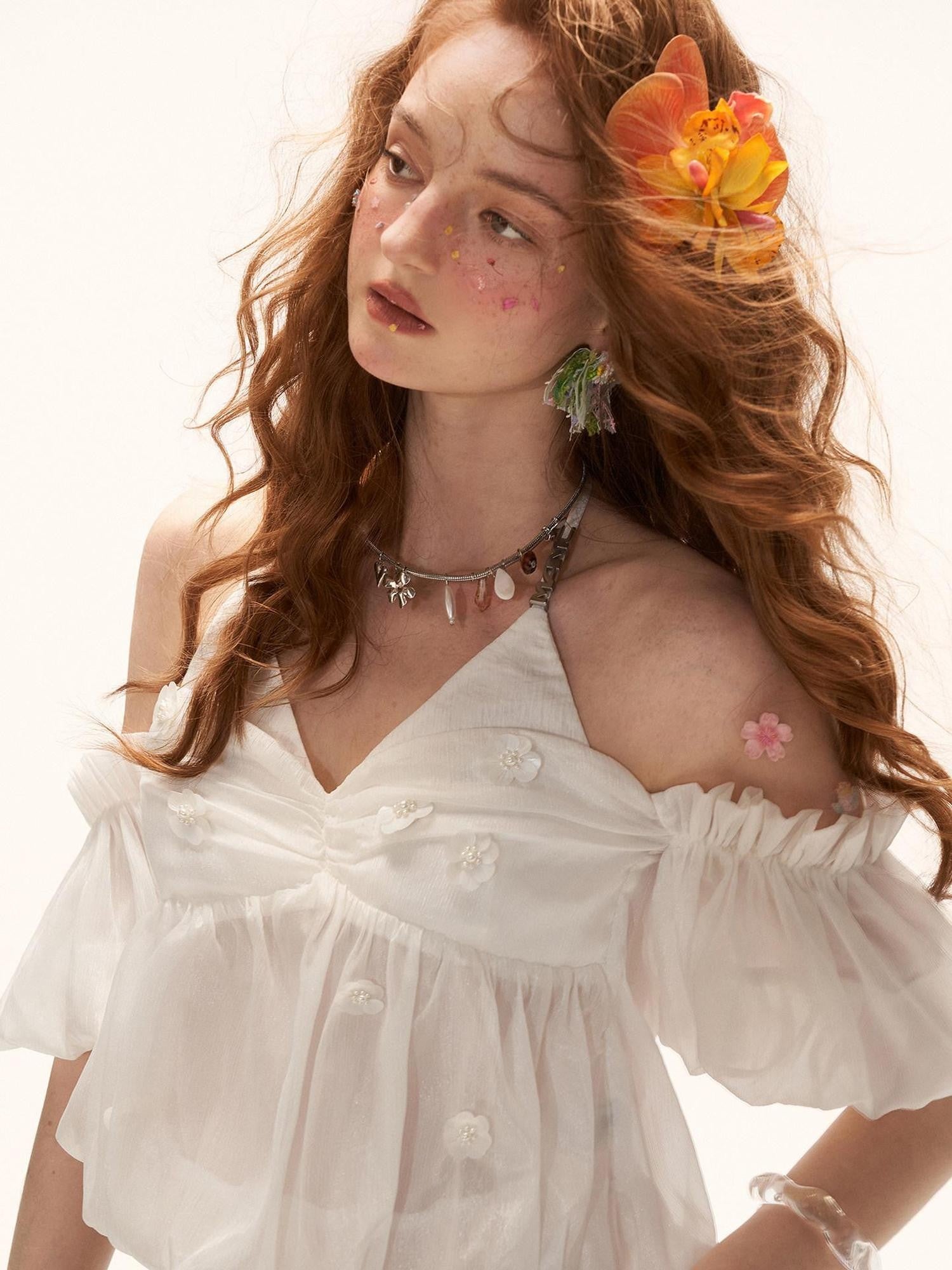 mamc White Puff Sleeve Floral Faux Two Piece V-neck Women's Polyester Camisoles