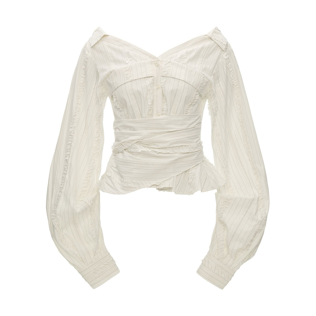 mamc_White_Textured_Ruched_Faux_Two_Piece_Cold_Shoulder_Cinched_Waist_Women's_Cotton_Blouses_1084170573542_MISSTT
