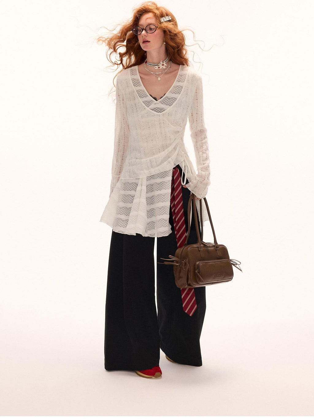mamc White V-neck Faux Two Piece Loose Long Sleeve Women's Polyester Sheer Shirts