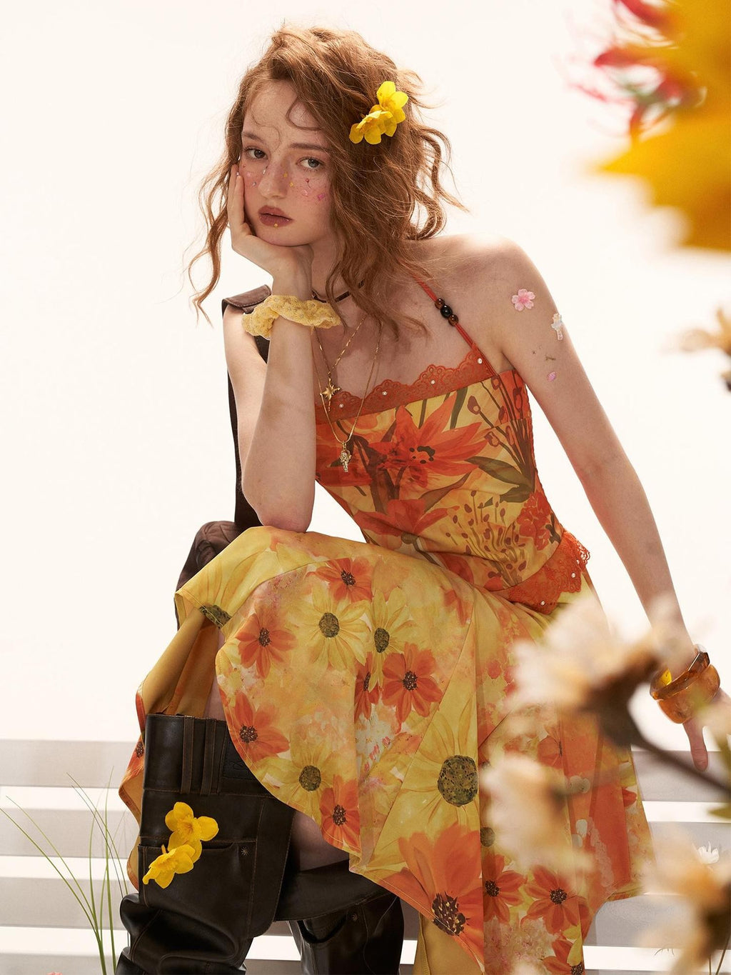 mamc Yellow Floral Beach Vacation Waist Cinched Halter Women's Polyester Slip Midi Dresses