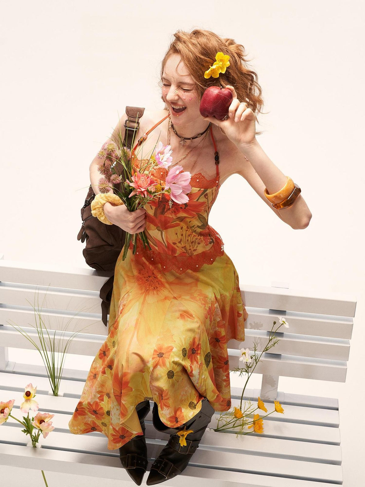 mamc Yellow Floral Beach Vacation Waist Cinched Halter Women's Polyester Slip Midi Dresses