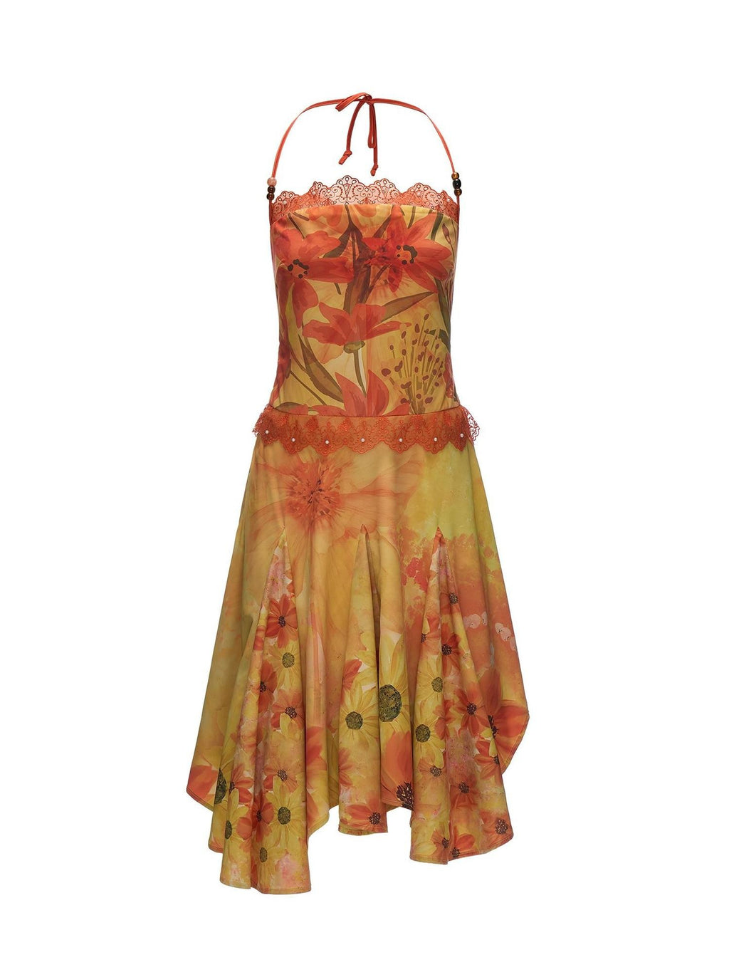 mamc Yellow Floral Beach Vacation Waist Cinched Halter Women's Polyester Slip Midi Dresses