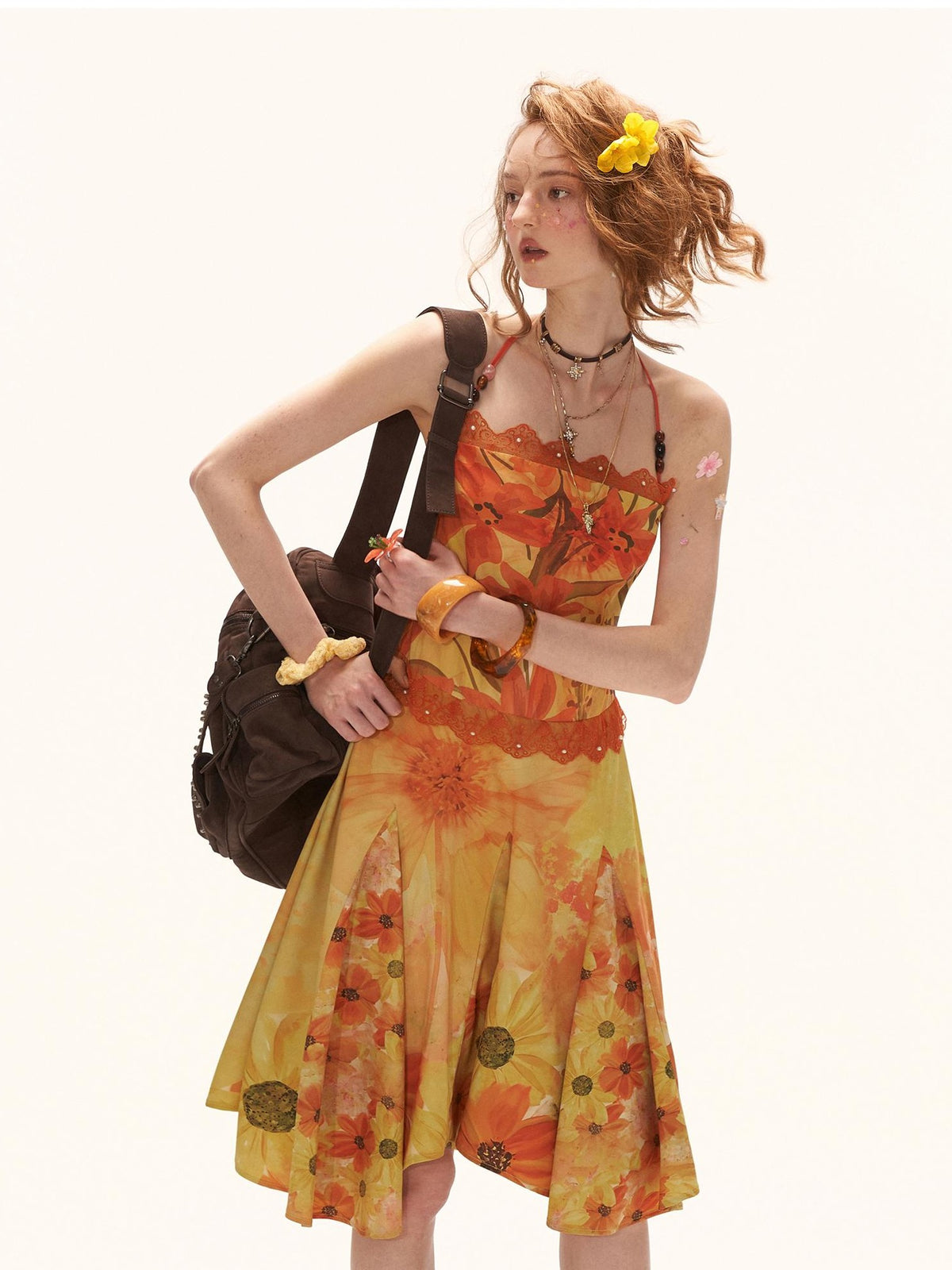 mamc Yellow Floral Beach Vacation Waist Cinched Halter Women's Polyester Slip Midi Dresses