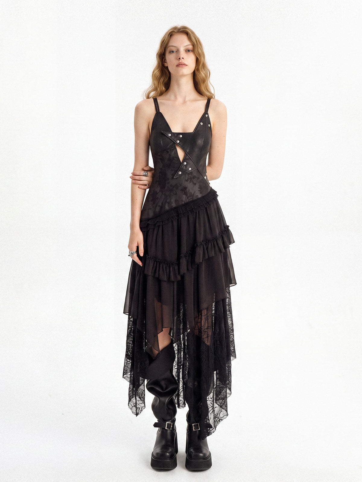 punknova Dark Gothic Irregular Faux Two Piece Leather Women's Slip Maxi Dresses