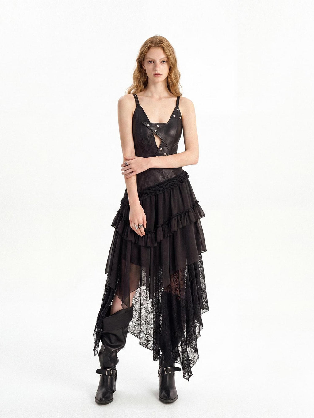 punknova Dark Gothic Irregular Faux Two Piece Leather Women's Slip Maxi Dresses
